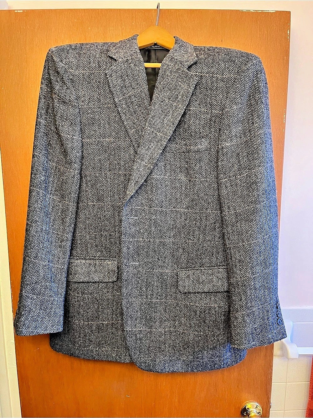Vintage Bert Pulitzer Lambswool Tweed Sport Coat 42R Grey Black Herringbone